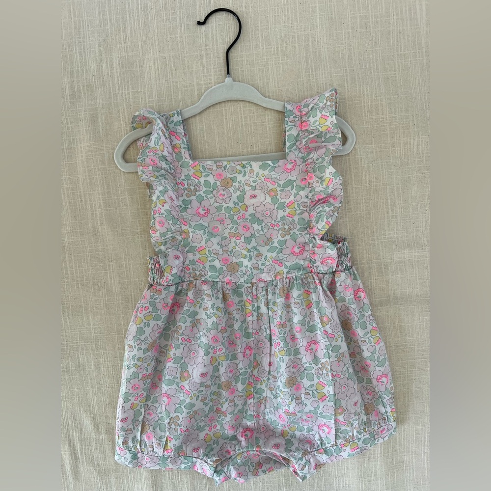 Jacadi Pink, white, and green Jumpsuit with Ruffled Details
